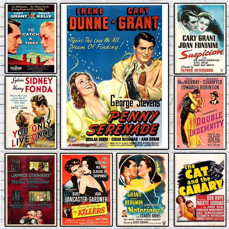 Vintage Collectible Posters - ヴィンテージアメリカンクラシックラブムービーコレクションポスターヒッチコックスリラーフィルムキャンバス絵画ウォールアートシネマルーム家の装飾