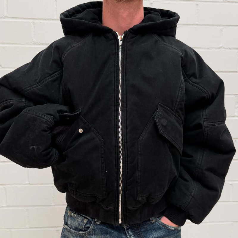 Vintage Zip Hoodie - メンズ オーバーサイズ ウォッシュドキャンバス フード付きボンバージャケット 厚手キルティング裏地 カーゴポケット