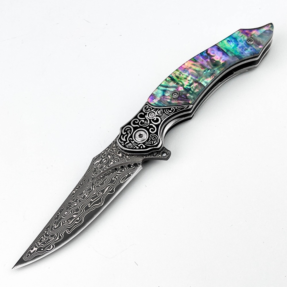 Vintage Collectible Knives - 新品ヴィンテージダマスカス模様ブレード折りたたみナイフ虹色アバロンシェルハンドルコレクタブルポケットキャリーEDCジャングルナイフ
