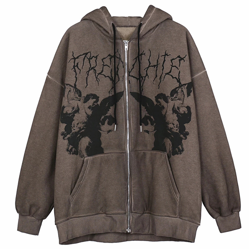Vintage Zip Hoodie - ヴィンテージエンジェルプリントオーバーサイズフーディー女性用ジップアップ長袖レディーススウェットシャツY2K美的秋ゴシックグランジストリートウェア
