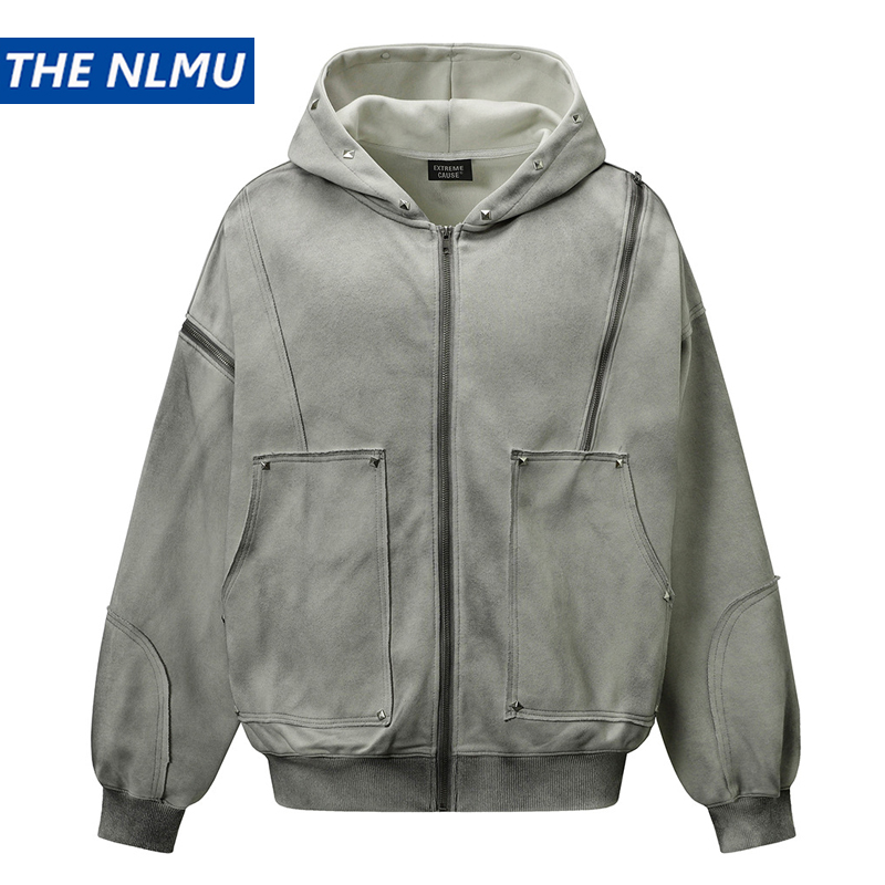 Vintage Zip Hoodie - メンズヴィンテージフード付きジャケット,ジッパー付き,特大,原宿,ジッパー付き,コットン,レトロ,2022