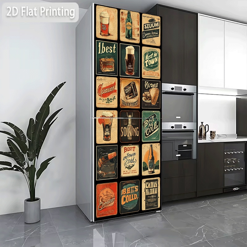 Vintage Collectible Posters - 冷蔵庫ステッカー、冷蔵庫と食器洗い機用ステッカー、ヴィンテージ飲料ポスターコレクションをテーマにしたデザイン、粘着式ウォールステッカー
