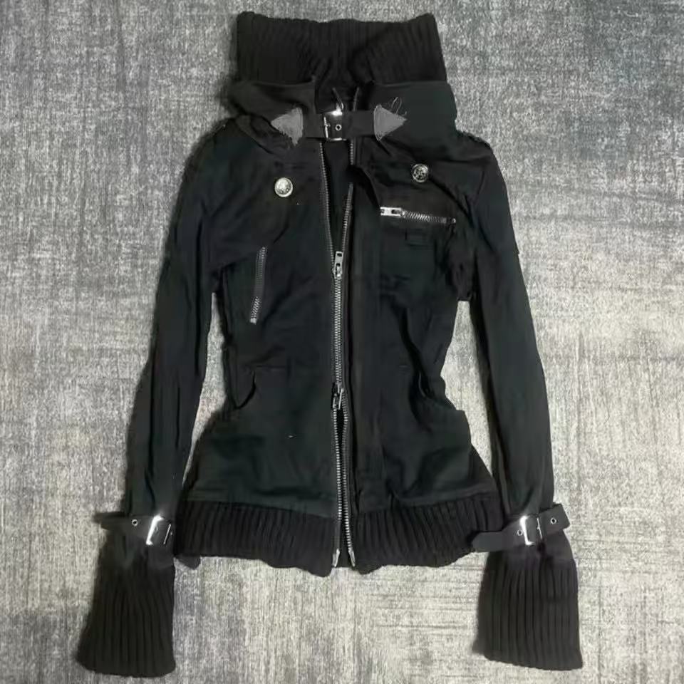 Vintage Zip Hoodie - Y2K ゴシック ブラック スリム ダブル ジッパー