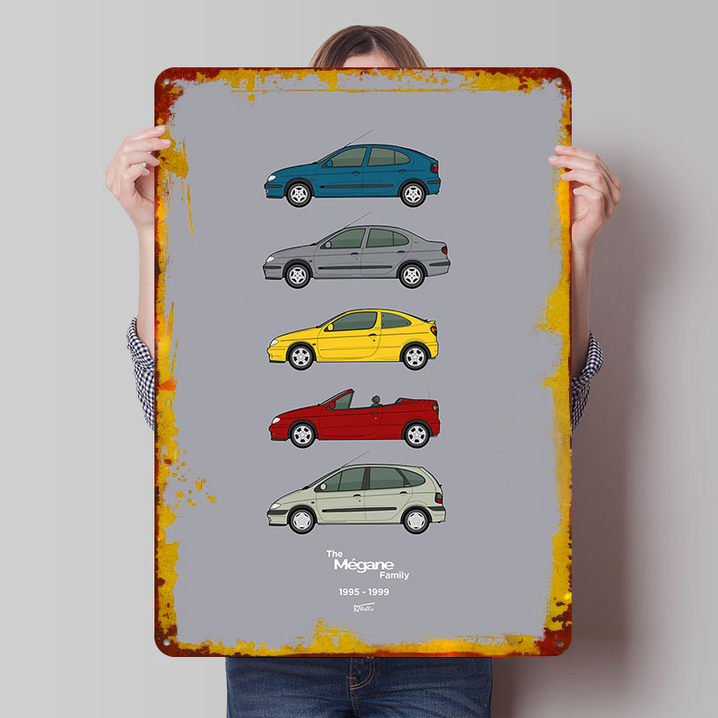 Vintage Collectible Posters - スポーツカーメガーヌコレクション 1995-1999 プリントポスターカスタマイズされた壁アートレトロヴィンテージ金属ブリキ看板部屋の装飾用ホーム