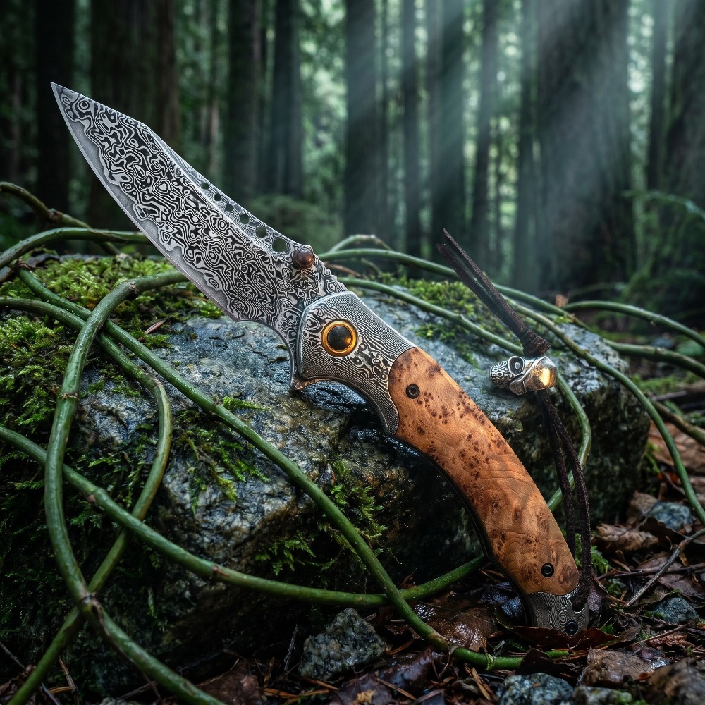 Vintage Collectible Knives - 高硬度ダマスカス模様折りたたみナイフ、ヴィンテージ装飾コレクターズアイテムポケットナイフ、ギフトコレクション用ジャングルナイフ