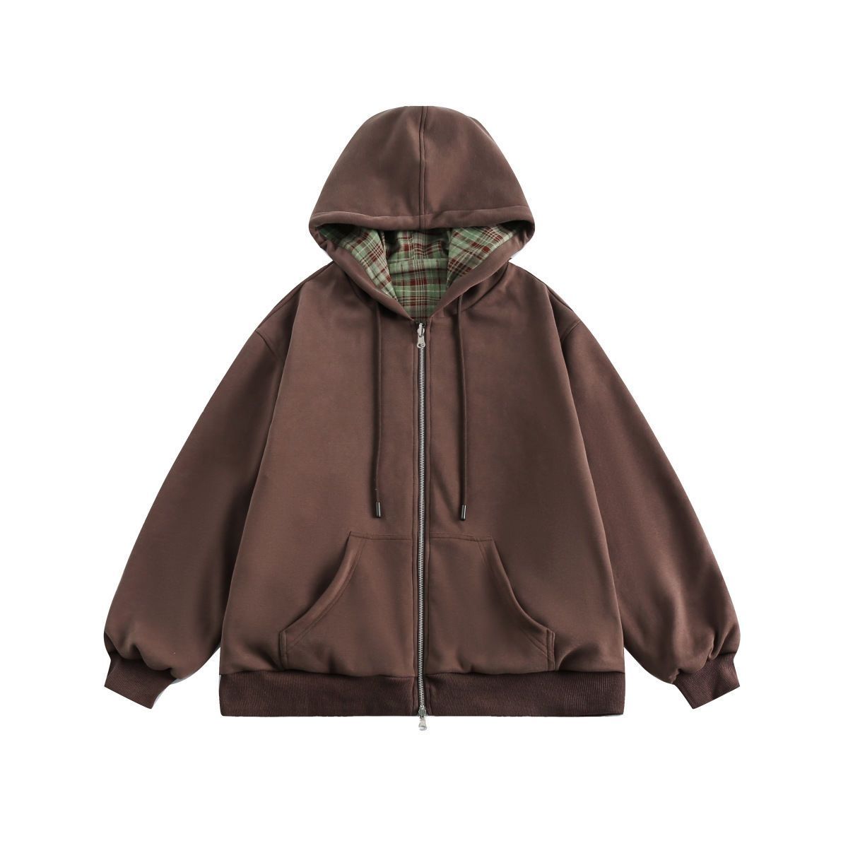 アメリカンレトロブラウンチェック柄フード付きスウェットシャツ - Vintage Zip Hoodie のレビューと価格