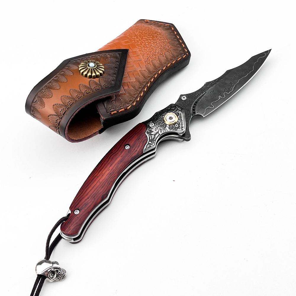 ヴィンテージ彫刻入り折りたたみナイフ、ダマスカス模様の刃、無 - Vintage Collectible Knives のレビューと価格