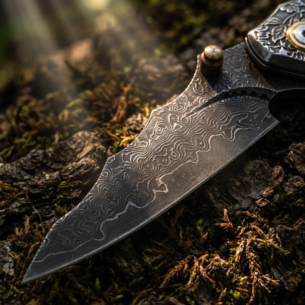 ヴィンテージ彫刻入り折りたたみナイフ、ダマスカス模様の刃、無 - Vintage Collectible Knives のレビューと価格
