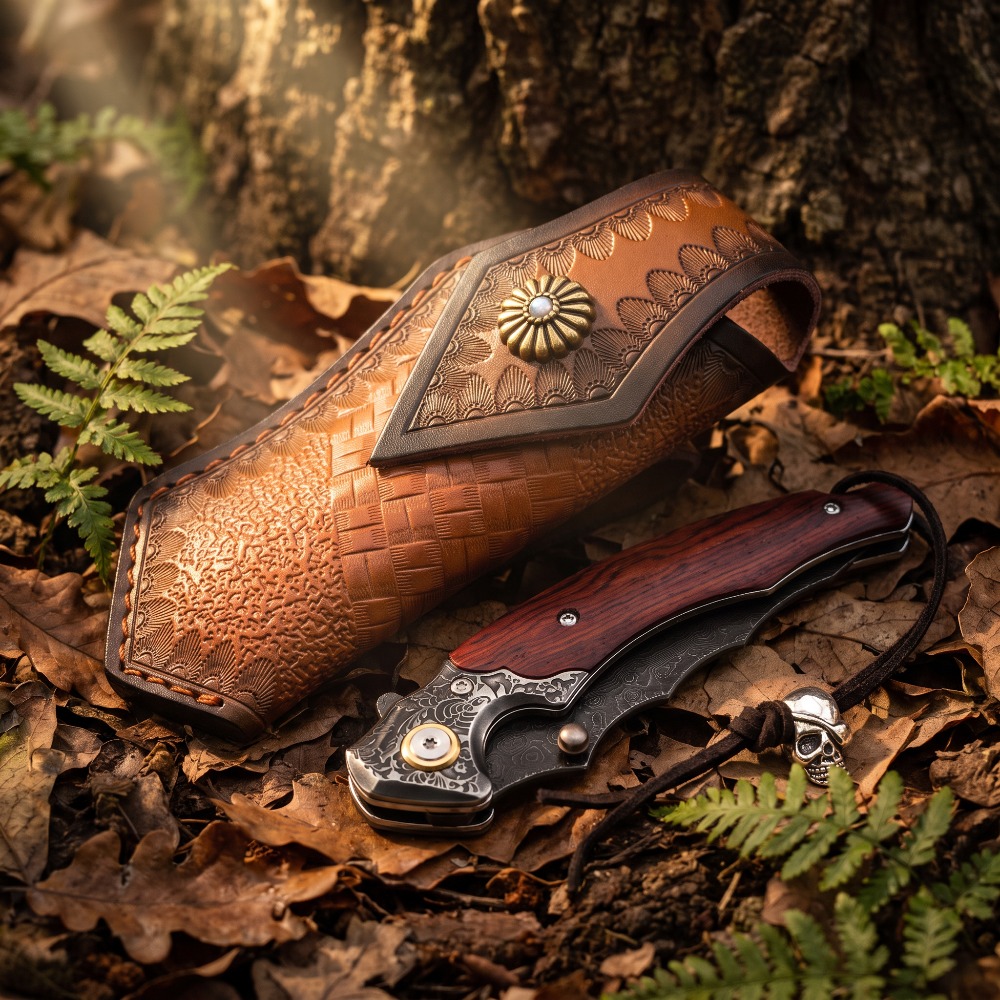 ヴィンテージ彫刻入り折りたたみナイフ、ダマスカス模様の刃、無 - Vintage Collectible Knives のレビューと価格