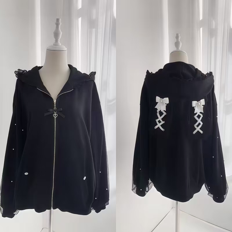 女性用冬用ウサギ耳付きロリータフード付きジャケット、スイート - Vintage Zip Hoodie のレビューと価格