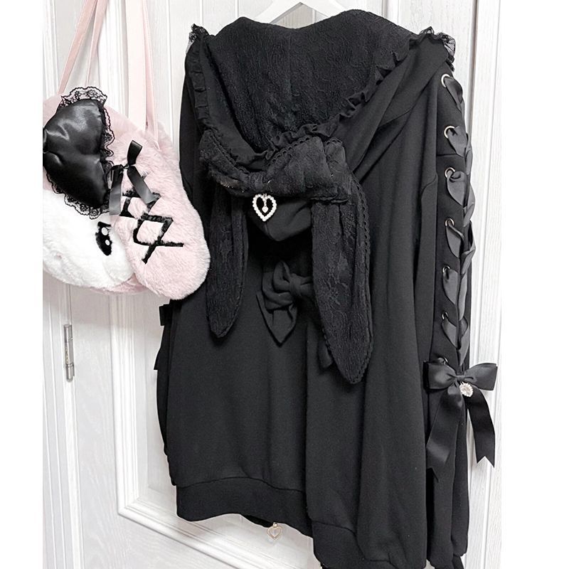 女性用冬用ウサギ耳付きロリータフード付きジャケット、スイート - Vintage Zip Hoodie のレビューと価格