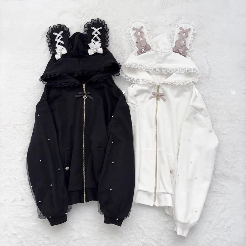女性用冬用ウサギ耳付きロリータフード付きジャケット、スイート - Vintage Zip Hoodie のレビューと価格