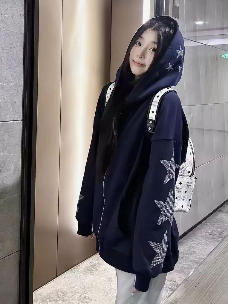 韓国ヴィンテージ ネイビーブルー スターラインストーン刺繍  - Vintage Zip Hoodie のレビューと価格